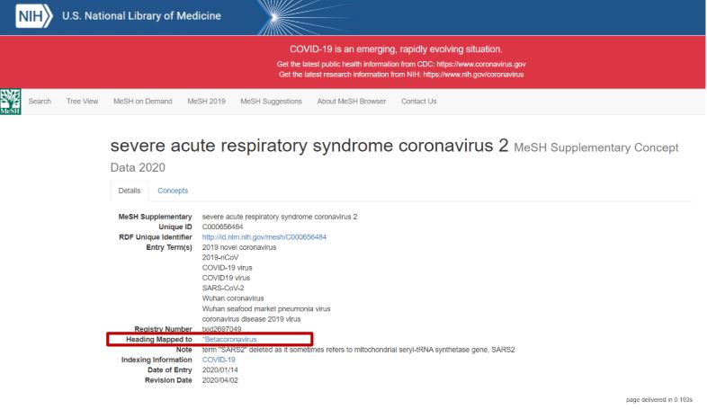Ilustración 1 - Severe acute respiratory syndrome coronavirus en el MeSH Supplementary Concept Record